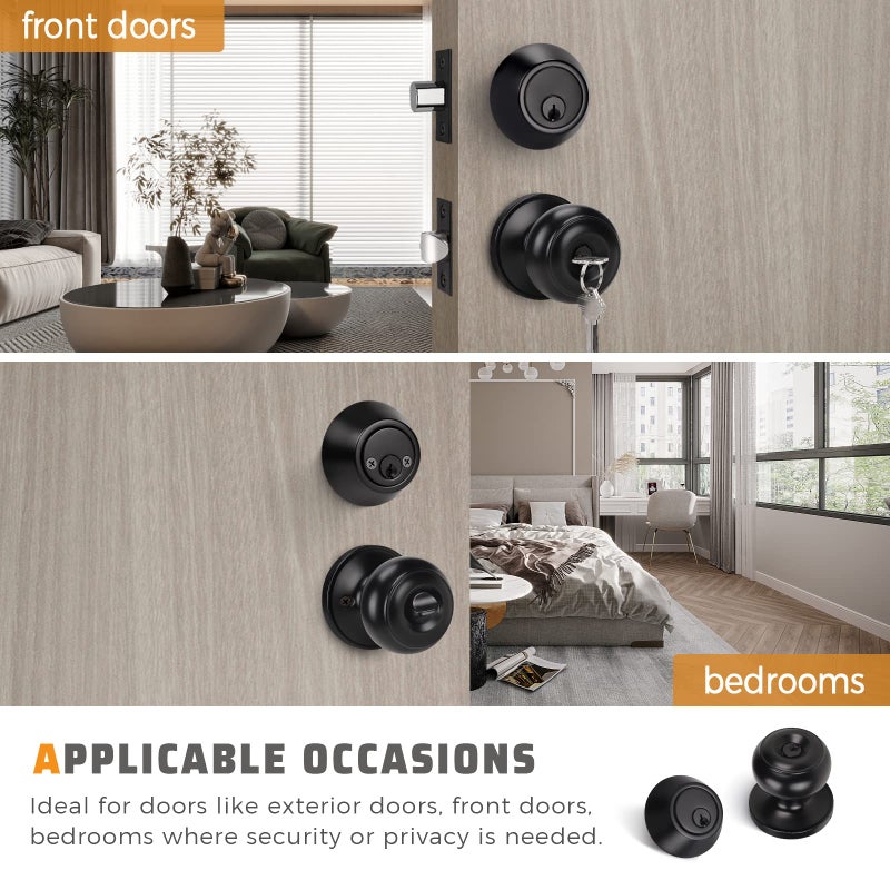 KNOBWELL 1 Pack Keyed Alike Door Knob and Double Cylinder Deadbolt Set, Exterior Door Lock Set with Deadbolt, Double Keyed Deadbolt, Black Front Door Knob and Deadbolt - Image 3